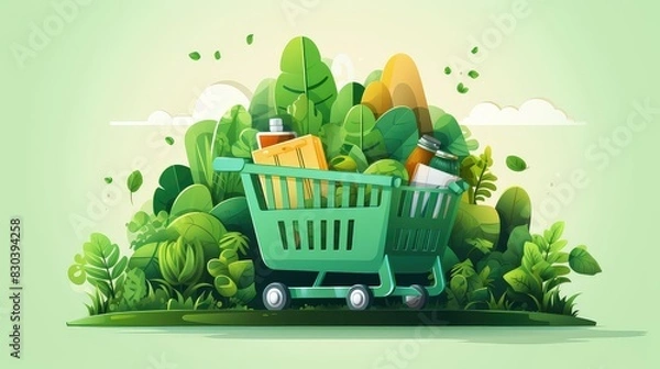 Fototapeta Ecofriendly shopping experience, flat design, front view, green consumerism theme, cartoon drawing, Complementary Color Scheme