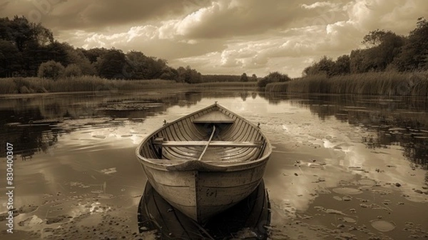 Fototapeta A serene, nostalgic scene captures a wooden boat resting peacefully on a calm river, surrounded by lush foliage and reflecting the partly cloudy sky above