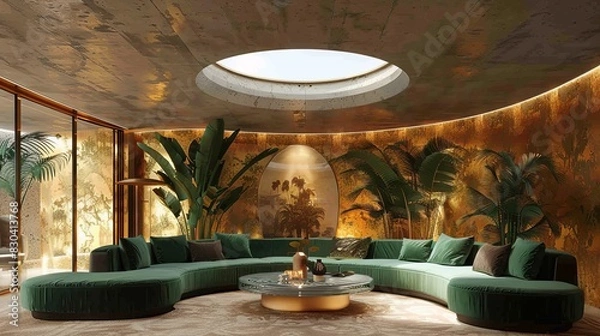 Fototapeta A luxury home, the room has an emerald green sofa and a circular ceiling decorated with transparent glass, allowing light to escape through the transparent glass as a striking focal point.