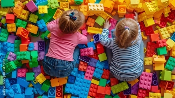 Fototapeta Children playing with colorful building blocks, Creative playtime, Imagination and creativity, Educational fun