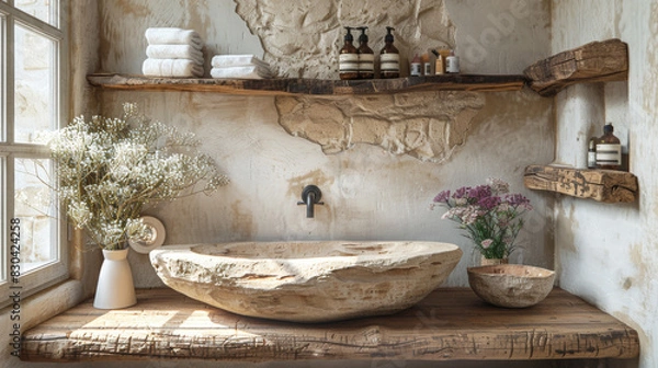 Fototapeta wabi sabi interior design, create a tranquil bathroom ambiance with a pottery sink, wooden shelves, and dried flowers in a wabi sabi aesthetic, embracing natures simplicity and beauty