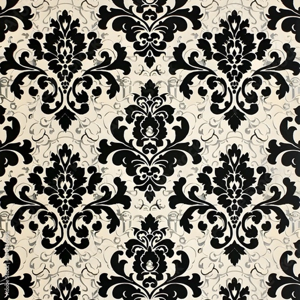Fototapeta Luxurious Black and White Damask Pattern with Ornate Floral Motifs on a Clean,Minimalist Background