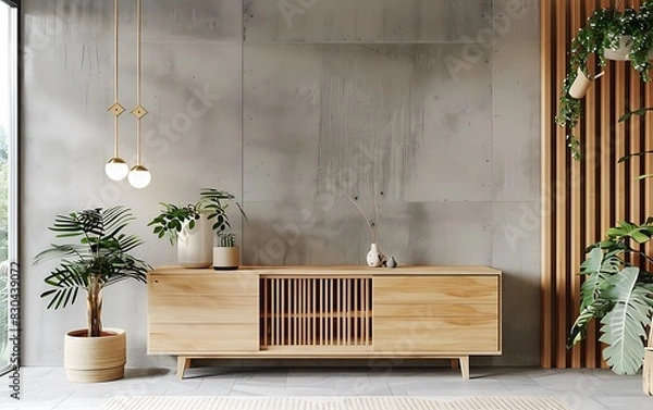 Obraz Modern living room interior with a light wood TV stand cabinet and concrete wall mock up, 3D rendering