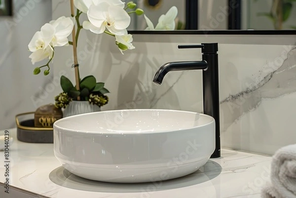 Obraz Modern minimalist style bathroom interior with a white round ceramic sink and a black faucet on a marble counter top, mirror above it, small flower pot in a tray beside in an isolated close up