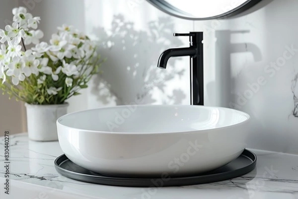 Obraz Modern minimalist style bathroom interior with a white round ceramic sink and a black faucet on a marble counter top, mirror above it, small flower pot in a tray beside in an isolated close up