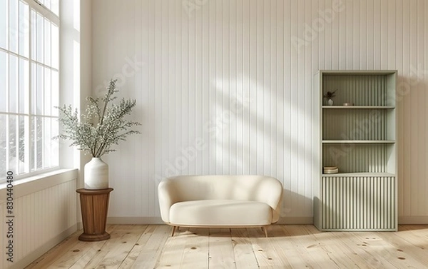 Obraz Modern minimalist yoga room interior with an empty wall mockup, light wooden floor and white walls with vertical stripes, a cozy beige sofa near a pastel green boho bookcase against a window