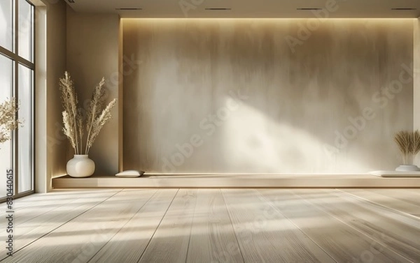 Obraz Modern minimalist yoga room interior with an empty wall mockup, light wooden floor and beige walls, in a modern design