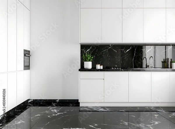 Obraz Modern white kitchen interior with black marble floor, side view of a minimalistic design and white cabinets with a sink on the right wall