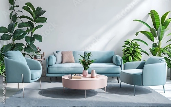 Obraz Sofa and armchair in a white living room interior with a pastel blue sofa mock up, a pink coffee table, a grey carpet floor and green plants on the wall background, a 3D rendering