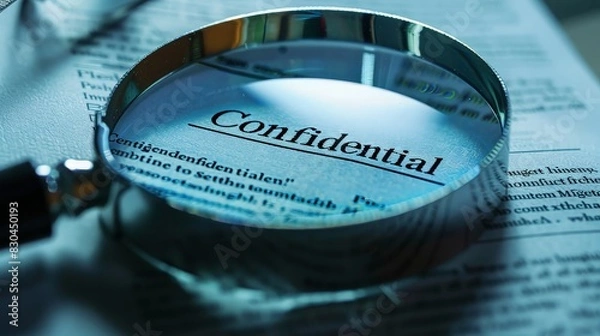 Fototapeta Close-up of a confidential document with the word "Confidential" magnified by a glass, emphasizing privacy and security.