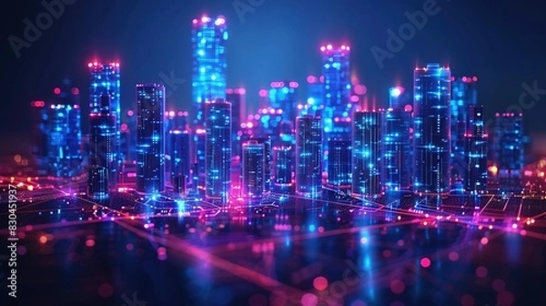 Fototapeta Smart City Network with Wi-Fi: Low Poly Wireframe and Automated Buildings