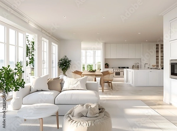 Obraz White modern interior of living room and kitchen with dining table, sofa, armchair in light beige tones with fireplace and windows