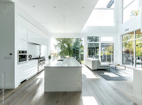 Obraz White modern kitchen with island, high ceilings and a large window looking out to the backyard of an upper third story luxury home in Canada