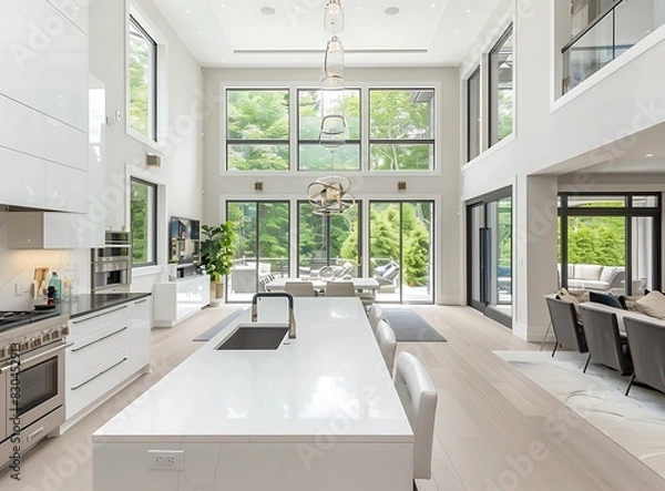 Obraz White modern kitchen with island, high ceilings and a large window looking out to the backyard of an upper third story luxury home in Canada
