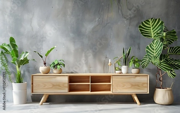 Obraz Wooden TV cabinet with side tables and plants on a concrete wall background, living room interior mock up in the style of scandinavian style