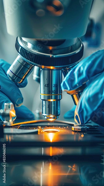 Obraz reference picture of science research. close-up portrait of modern microscope operation