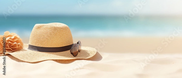 Fototapeta A serum sun screen product on sandy beach with hat.