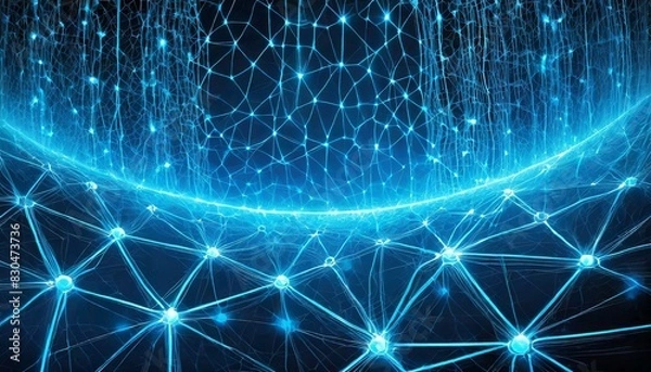 Fototapeta テクノロジー、網目状の青い電流、幻想的に輝く、くっきりとシンプル、クールでスタイリッシュに表現 Generated by AI