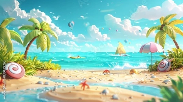 Fototapeta Bright sand meets sparkling blue waves, and playful beach accessories like umbrellas and surfboards set the stage for a day of carefree adventures