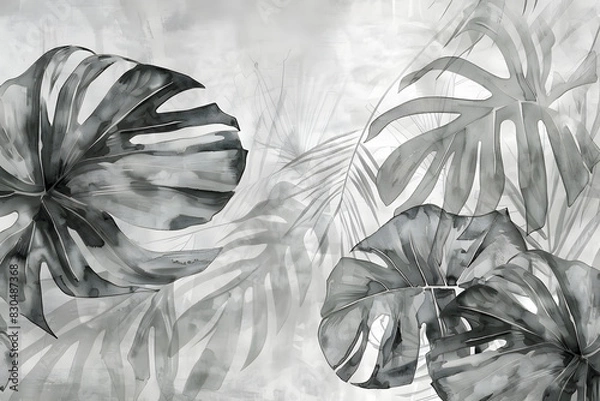 Obraz A black and white painting of a leafy plant with a leafy stem
