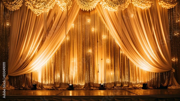 Obraz A large, ornate gold curtain with white flowers and lights