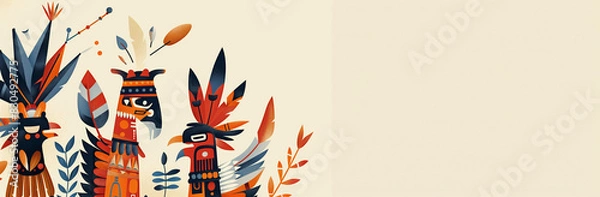 Obraz A colorful illustration of Native American cultural symbols and patterns forming a border on a light background. Stylized feathers, traditional headdresses and geometric shapes