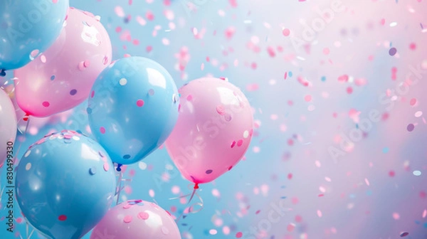Obraz The background is pink and blue balloons, confetti, bokeh. Background for design with copy space. Birthday party decoration.