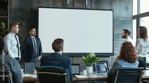 Fototapeta Boardroom presentation with a large blank portrait TV screen, team assembled around.