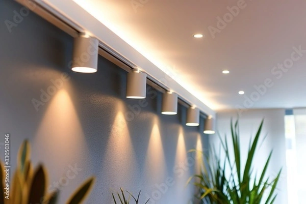 Fototapeta Lighting equipment on the wall in the living room. Spotlights under the ceiling. Track LED-lighting system