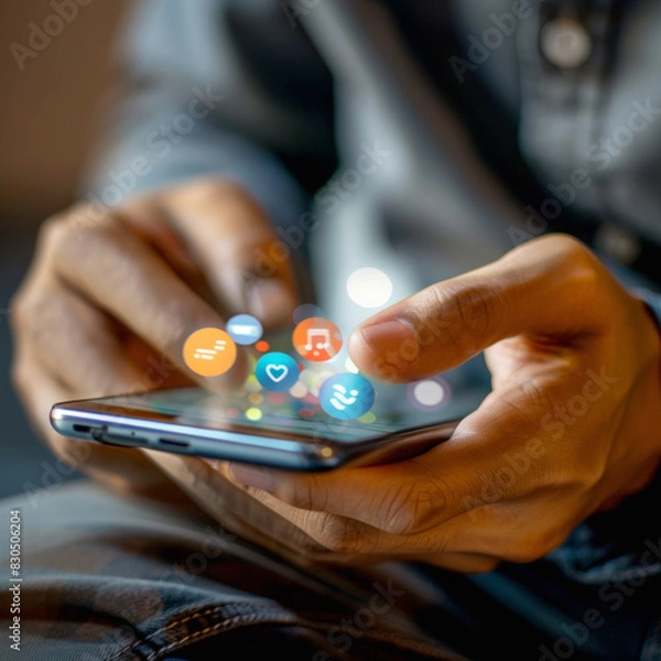 Fototapeta close up on hand using tab pad on laptop to working about futuristic of social media marketing icon for internet network technology and business ...