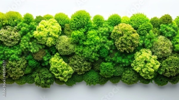 Obraz  A group of green trees closely positioned on a white background A white wall runs through the image, dividing the scene in half; it's located in the center Top right corner is
