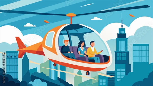 Fototapeta Passengers enjoy birds eye views of the city below as their air taxi hovers between the platforms giving them an unparalleled sense of freedom.. Vector illustration