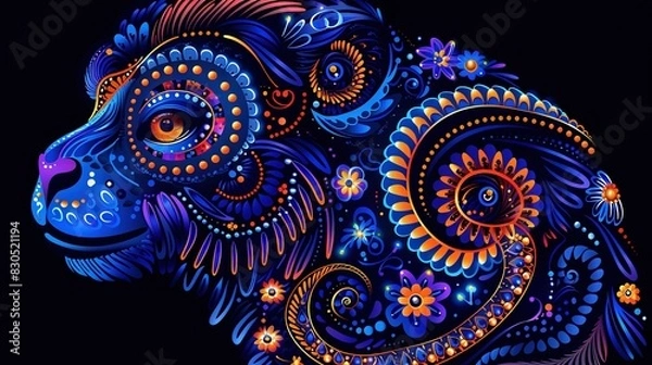 Fototapeta   A bear painting composed entirely of floral patterns and colorful swirls on a dark background with shades of blue and orange