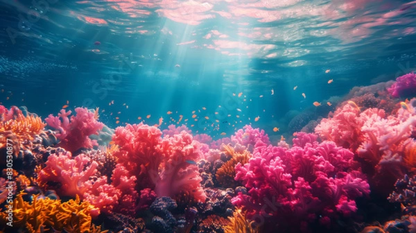 Obraz colorful underwater view with coral, reef, fish, marine life, marine nature. Wall Art Poster Print Design for Home Decor, Decoration Artwork, High Resolution Wallpaper and Background for Computer
