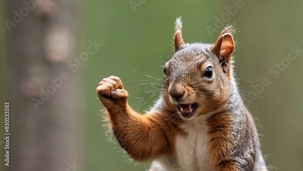 Fototapeta squirrel in the park raised squirrel fist  to fight