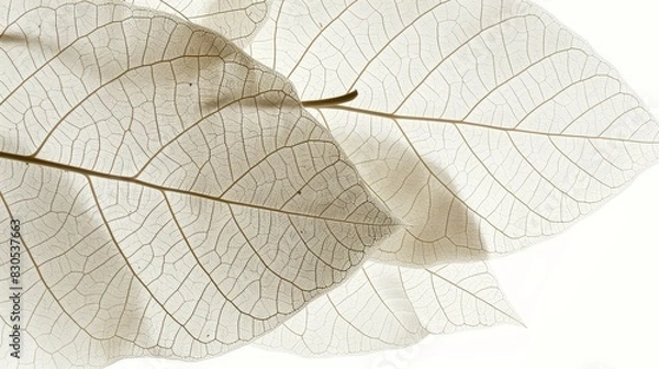 Fototapeta  A tight shot of a white leaf against a white background Additionally, a monochrome image of the leaf's reverse side and upper portion of its back