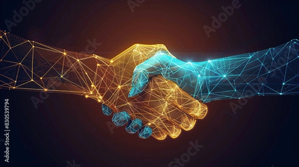 Fototapeta The handshake between two wire-frame hands embodies the concept of trust in technological advancements.