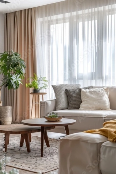 Fototapeta A modern living room with stylish furniture, a large window with curtains, and decorative elements like plants and art. The natural light brightens the space, making it feel open and welcoming.
