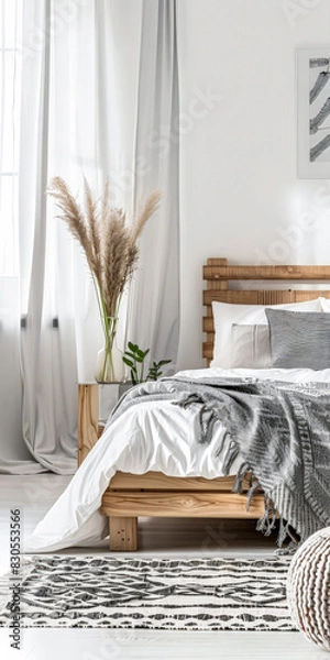 Fototapeta Scandinavian minimalist bedroom interiors with neutral tones, minimal furniture and copyspace for text