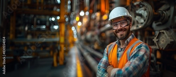 Fototapeta A Distinguished Caucasian Male Engineer Smiling With Arms Crossed, Industrial Environment, Risk Mitigation Concept, PPE, Copy Space.