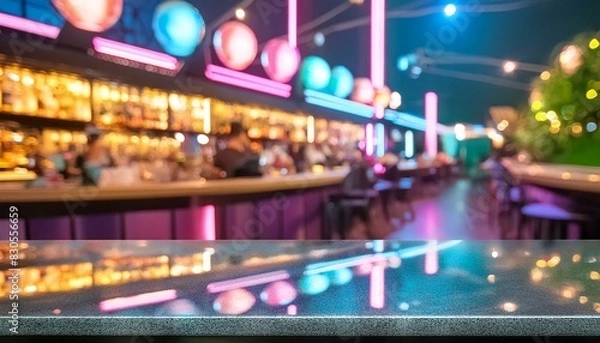 Obraz Black marble bar counter in a blurred nightclub setting, ideal for nightlife or hospitality concepts.