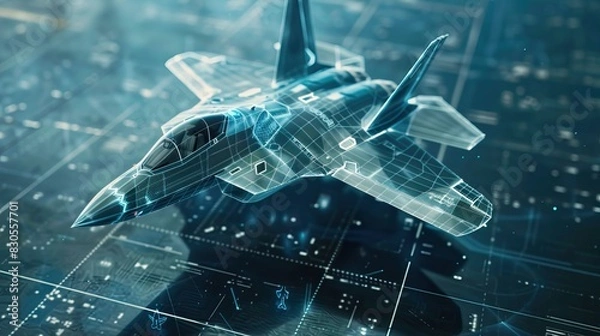 Obraz Futuristic holographic jet fighter blueprint with digital interface on dark background