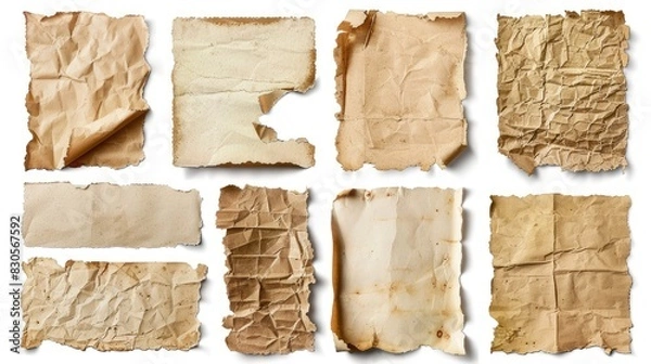 Obraz Collection of old and aged paper fragments isolated on a white background perfect for digital collage projects or as a base for textured design elements