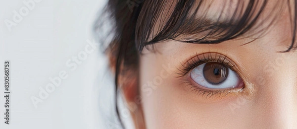 Obraz Photo of a closeup on an eye and eyelashes, an Asian woman's face portrait with brown eyes looking at the camera over a white background, a copy space concept for vision health care advertising banner