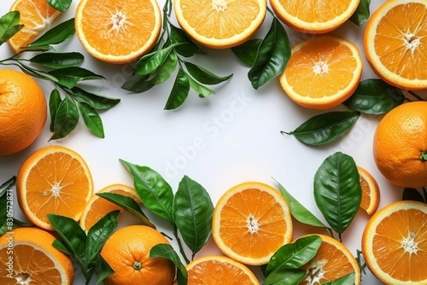 Fototapeta Top view of vibrant orange slices and leaves spread on a white background with a central space