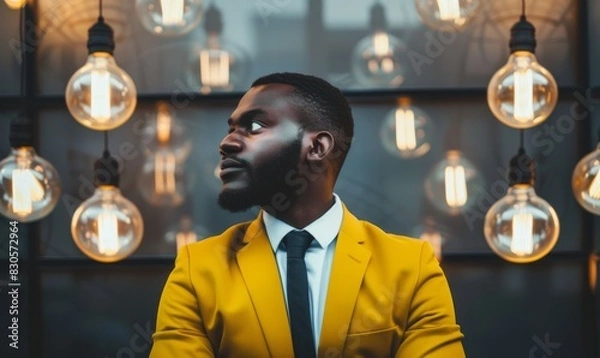 Fototapeta A stylish man in a bright yellow suit stands confidently before an array of illuminated bulbs, exuding allure and professionalism