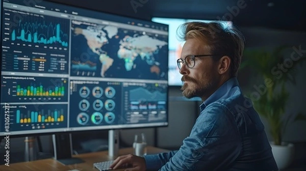 Fototapeta Seasoned Digital Strategist Analyzing Multi Screen Metrics for Impactful Campaign Planning