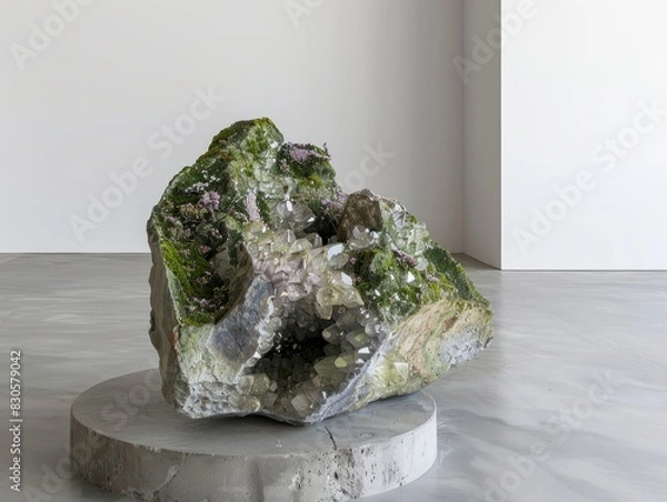 Obraz Large green crystal sits on top of grey concrete plinth.