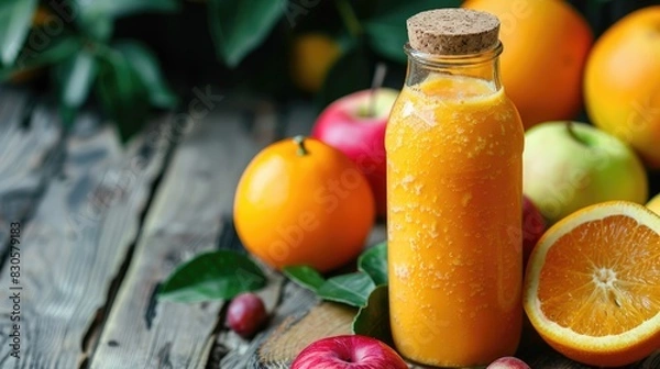 Fototapeta Bottle of a fresh smoothie made with apples oranges and lemon