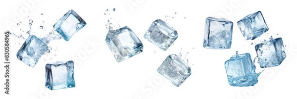 Fototapeta Collection of three falling ice cubes isolated on transparent or white background